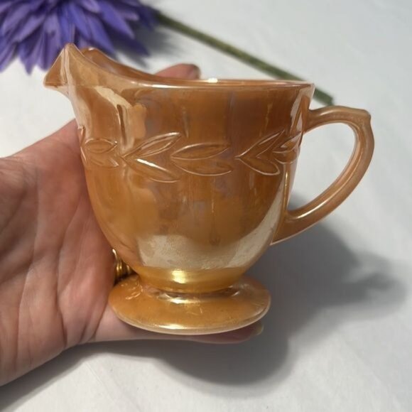 Vintage Fire-King Peach Lustre Creamer & Sugar Set With Laurel Pattern - Picture 2 of 8